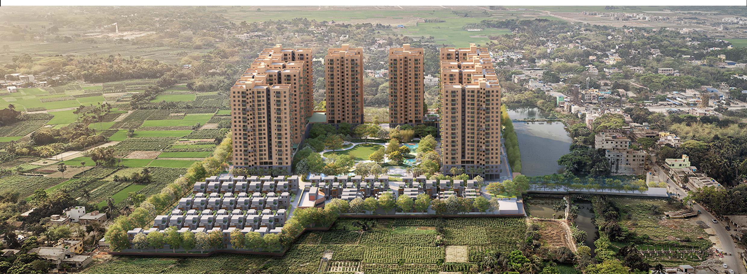 Official Vinayak 21 Acres aerial render — residential towers with central park at Hatishala, New Town Kolkata